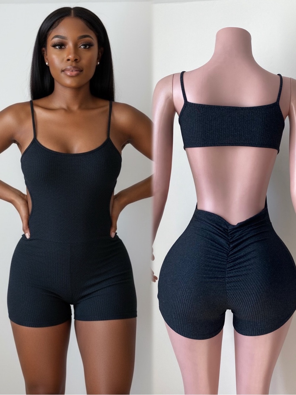 Black Ribbed Spaghetti Strap Romper